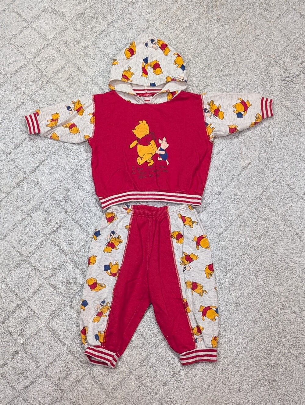 Vintage Winnie The Pooh Set Kids 9-12 M Red White Hoodie Joggers 2 PC 90s Disney
